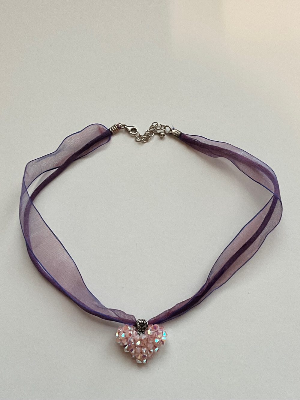 Delicate Purple Ribbon Necklace with Pink Crystal Heart Pendant